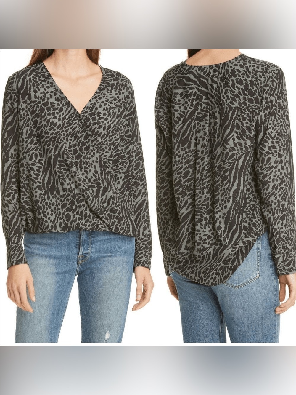 Rails Hillary Emerald Mixed Animal Print Faux Wrap Blouse Small